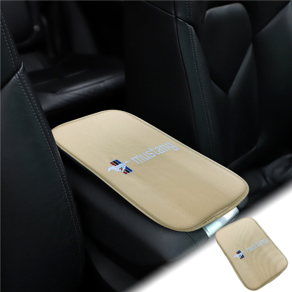 BRAND NEW UNIVERSAL MUSTANG BEIGE Car Center Console Armrest Cushion Mat Pad Cover Embroidery