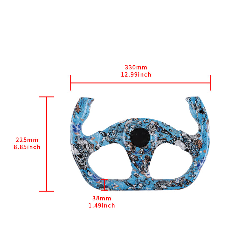 BRAND NEW UNIVERSAL 330MM Graphic Skull Look Yoke Style Acrylic 6 Holes Blue Steering Wheel w/Horn Button Cover