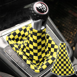 Brand New Universal Checkered Yellow Black Stitch Fabric Gear Manual Shifter Shift Knob Boot