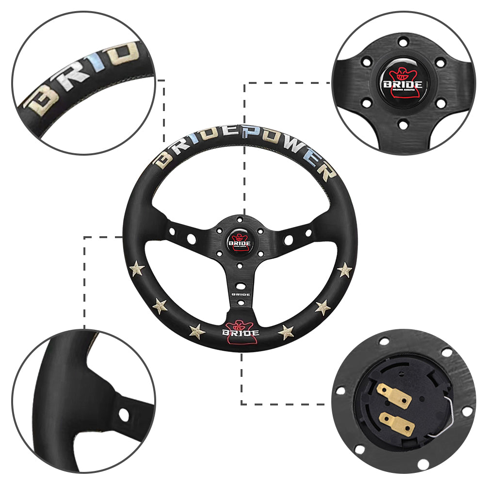 Brand New 13" Bride Power Racing Gold Stitching Leather Geniune Sport Steering Wheel w Horn Button