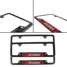 Brand New Universal 2PCS MITSUBISHI Carbon Fiber Look Metal License Plate Frame