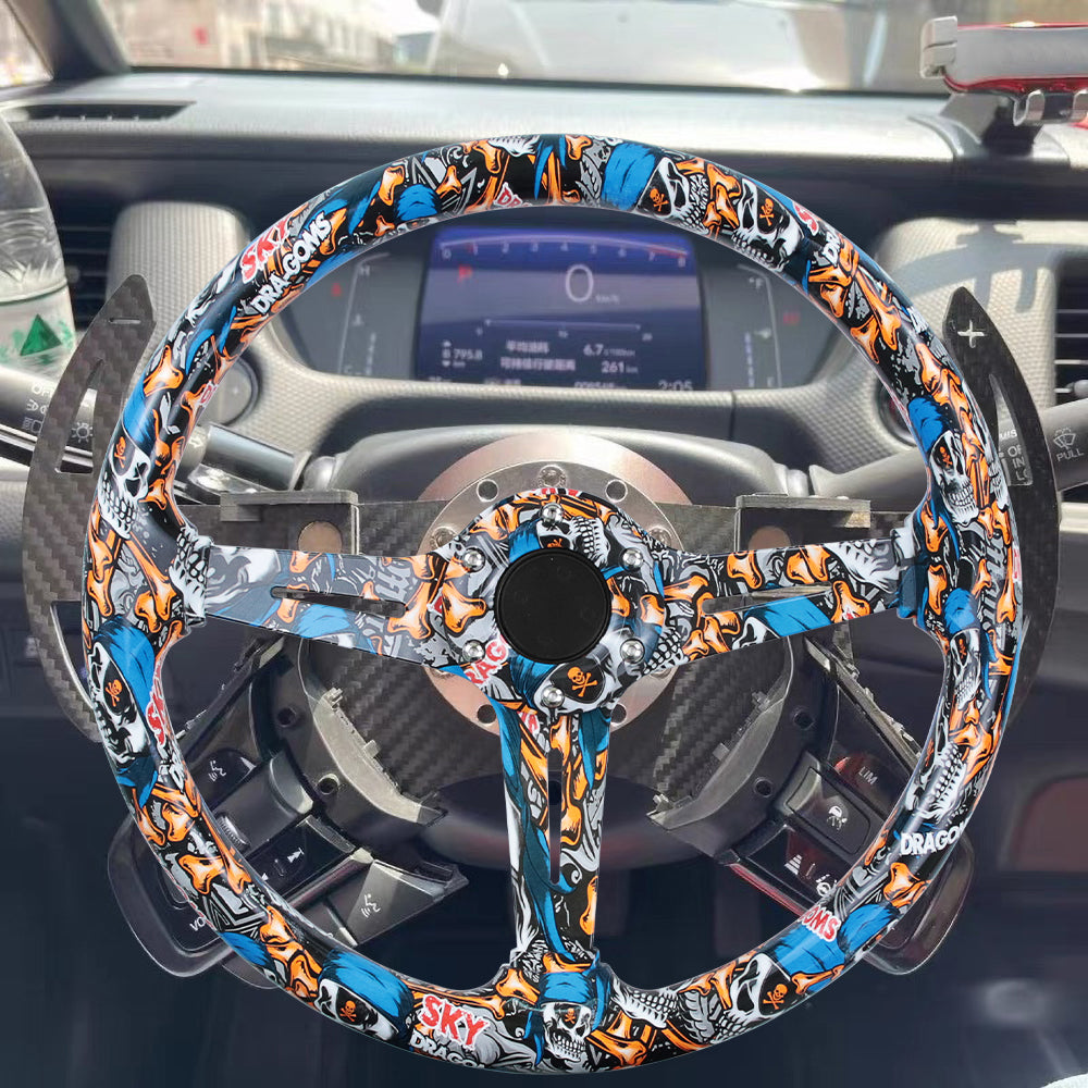 BRAND NEW UNIVERSAL 350MM 14'' Stickerbomb Style Acrylic Deep Dish 6 Holes Steering Wheel w/Horn Button Cover