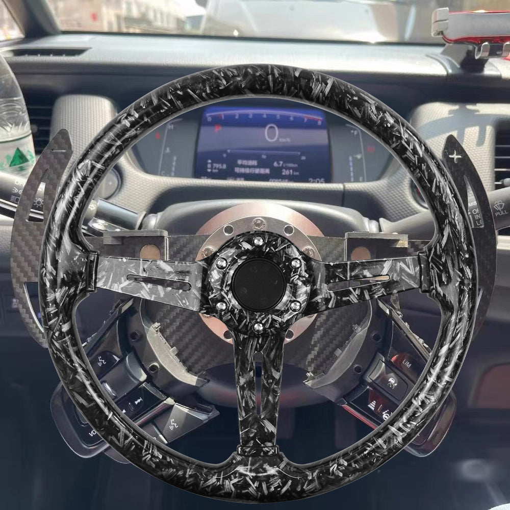 BRAND NEW UNIVERSAL 350MM 14'' Forge Carbon Fiber Style Acrylic Deep Dish 6 Holes Steering Wheel w/Horn Button Cover