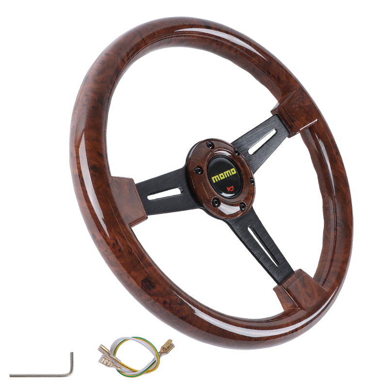 Brand New 350mm 14" Universal Momo Dark Wood ABS Racing Steering Wheel Black Spoke