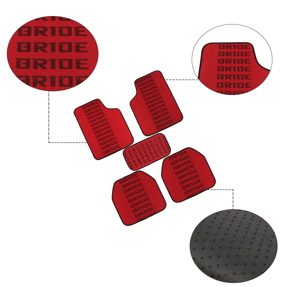 Brand New 5PCS Bride Red / Black Graduation Color Hybrid Racing Fabric Floor Mats Interior Carpets Universal