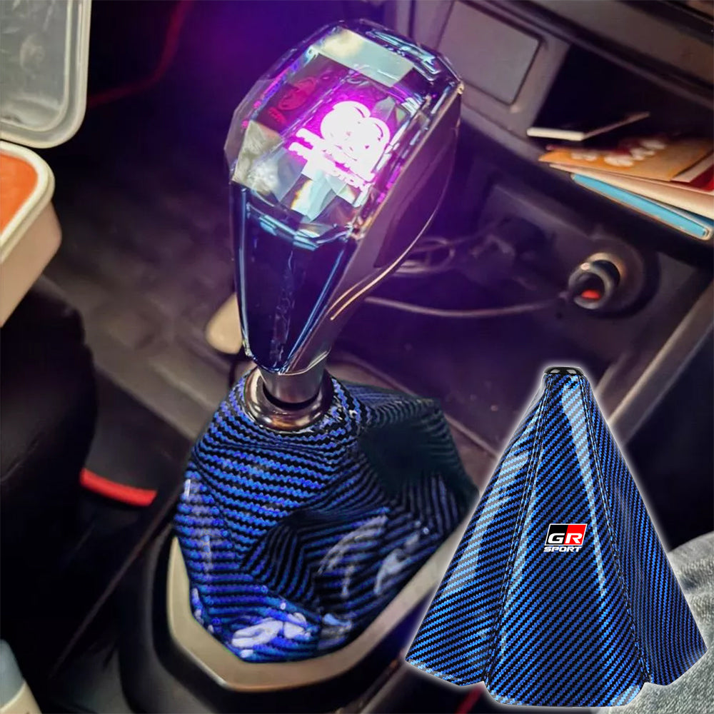 Brand New Universal GR SPORT Carbon Fiber Blue Leather PVC Style Black Stitch Leather Gear Manual Shifter Shift Knob Boot