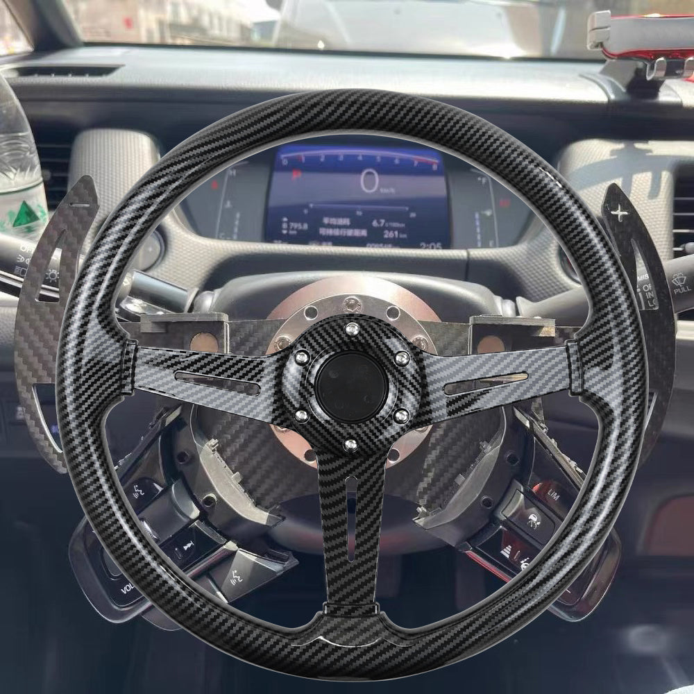 BRAND NEW UNIVERSAL 350MM 14'' Carbon Fiber Look Style Acrylic Deep Dish 6 Holes Steering Wheel w/Horn Button Cover