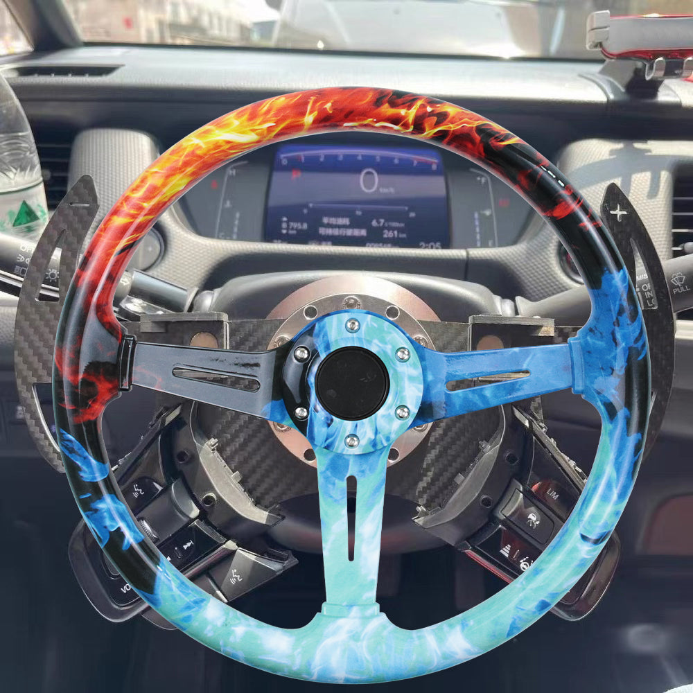 BRAND NEW UNIVERSAL 350MM 14'' Graphic Fire & Water Style Acrylic Deep Dish 6 Holes Steering Wheel w/Horn Button Cover