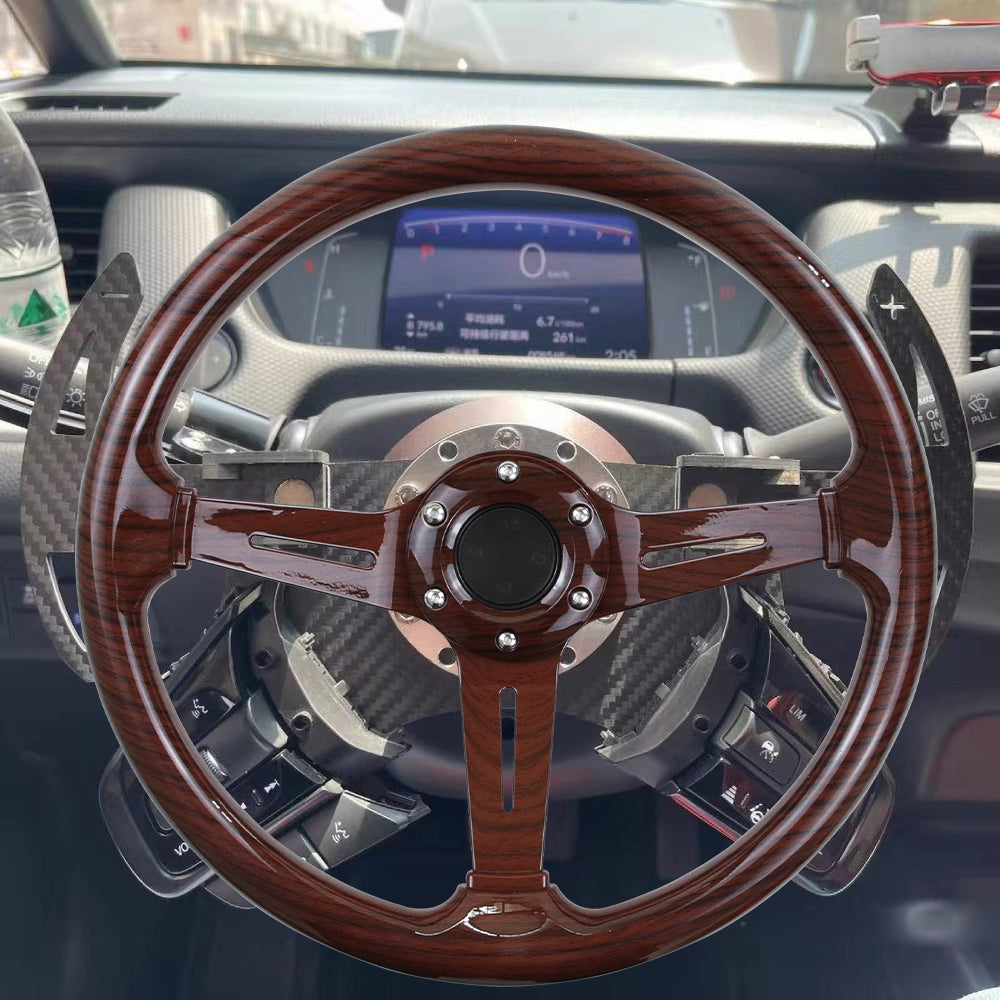 BRAND NEW UNIVERSAL 350MM 14'' Dark Wood Style Acrylic Deep Dish 6 Holes Steering Wheel w/Horn Button Cover