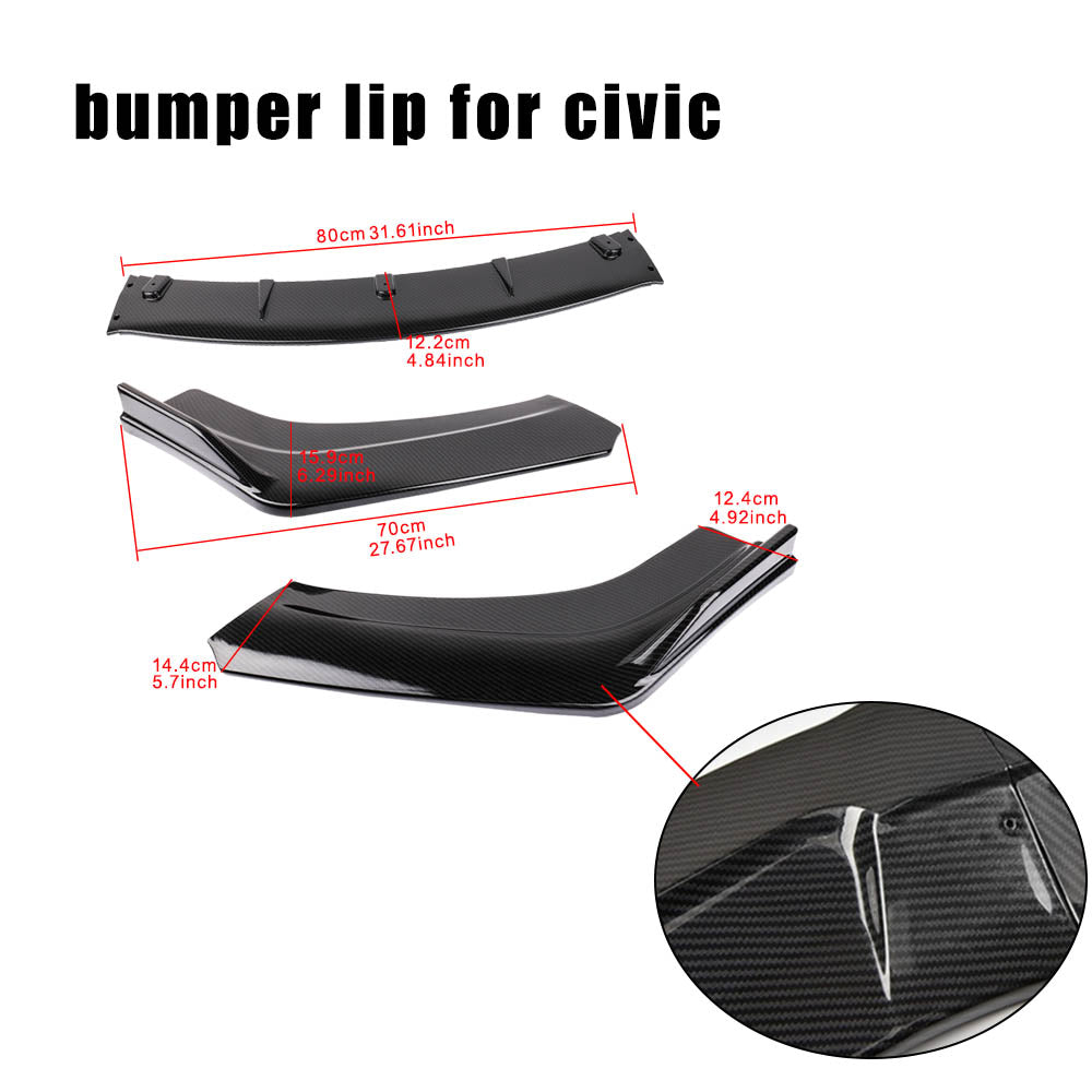 BRAND NEW 3PCS 2016-2021 Honda Civic 4DR SEDAN LX EX Si JDM CARBON FIBER LOOK FRONT BUMPER LIP SPLITTER KIT