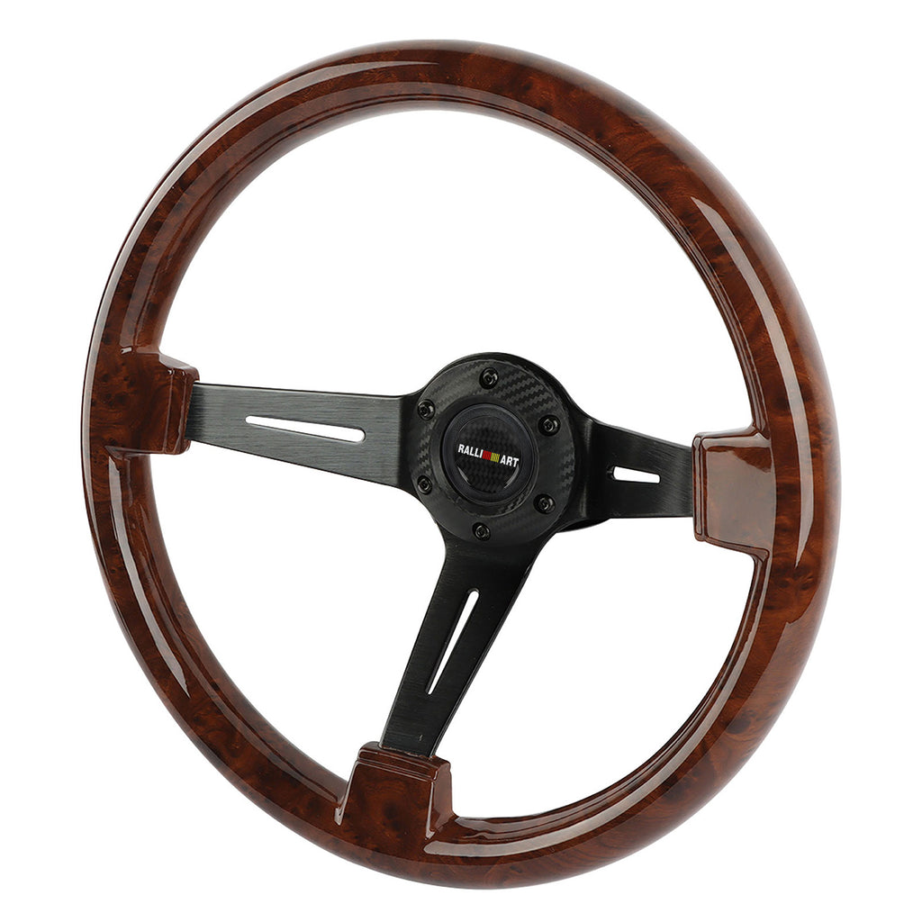 Brand New 350mm 14" Universal Ralliart Deep Dish Dark Wood ABS Racing Steering Wheel Black Spoke