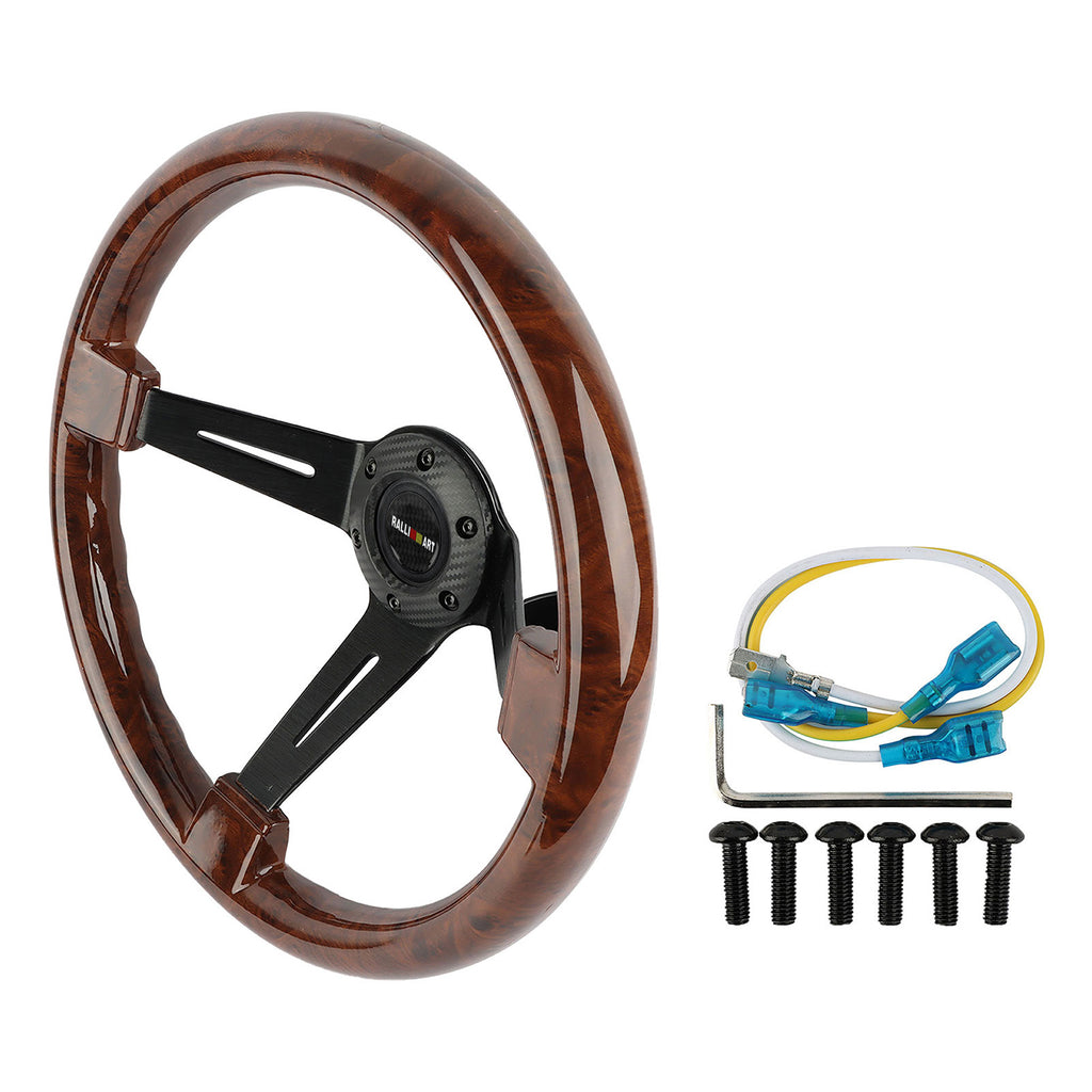 Brand New 350mm 14" Universal Ralliart Deep Dish Dark Wood ABS Racing Steering Wheel Black Spoke