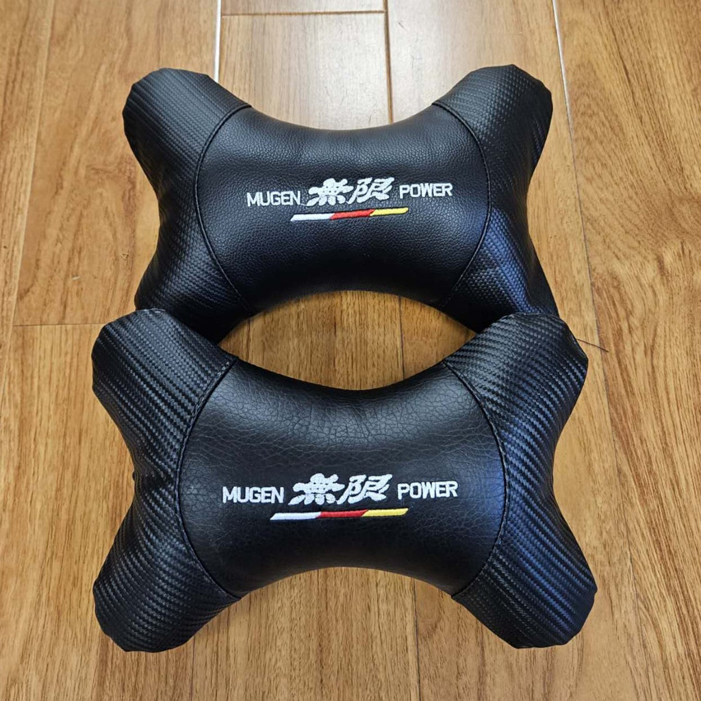 BRAND NEW 2PCS MUGEN POWER BONE SHAPE CARBON FIBER LEATHER CAR SEAT NECK PILLOW HEADREST CUSHION