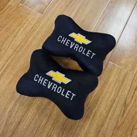 BRAND NEW 2PCS CHEVROLET BONE SHAPE BLACK FABRIC SOFT TOUCH CAR SEAT NECK PILLOWS HEADREST CUSHION PAD