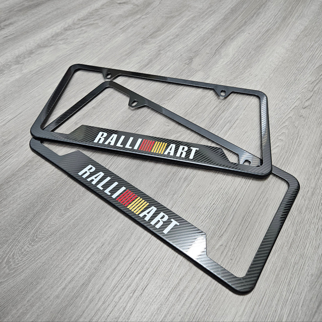 Brand New Universal 2PCS Ralliart Metal Carbon Fiber Style License Plate Frame