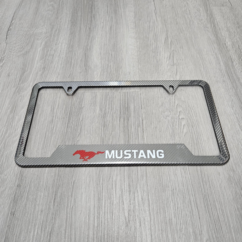 Brand New Universal 1PCS Mustang Metal Carbon Fiber Style License Plate Frame