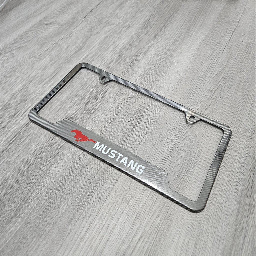 Brand New Universal 1PCS Mustang Metal Carbon Fiber Style License Plate Frame