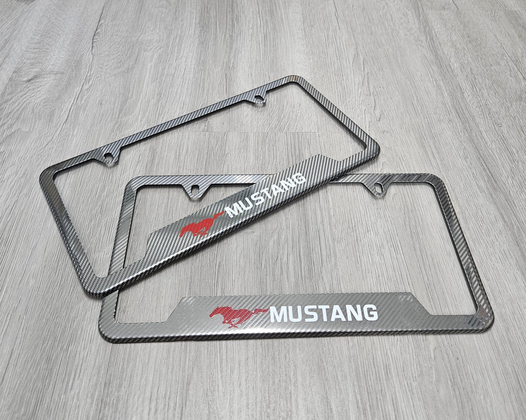 Brand New Universal 2PCS Mustang Metal Carbon Fiber Style License Plate Frame