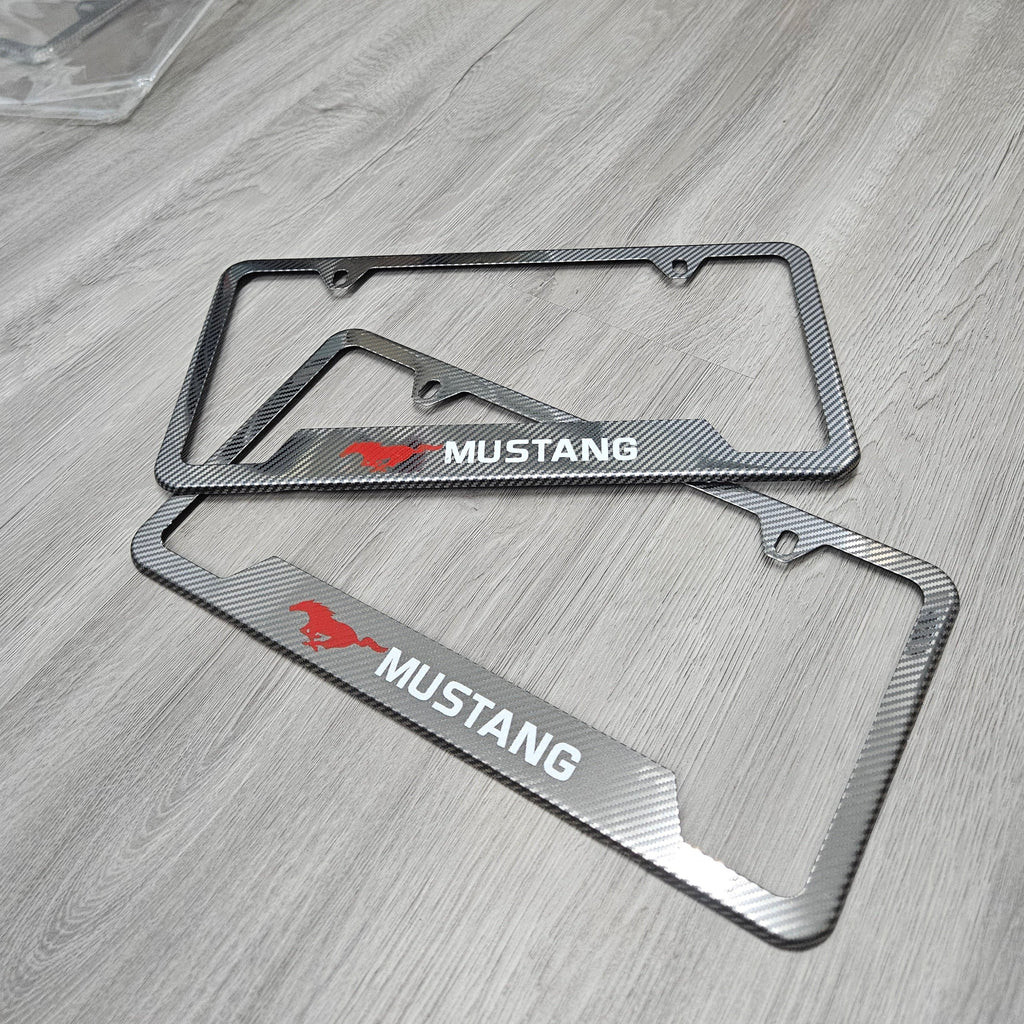 Brand New Universal 2PCS Mustang Metal Carbon Fiber Style License Plate Frame