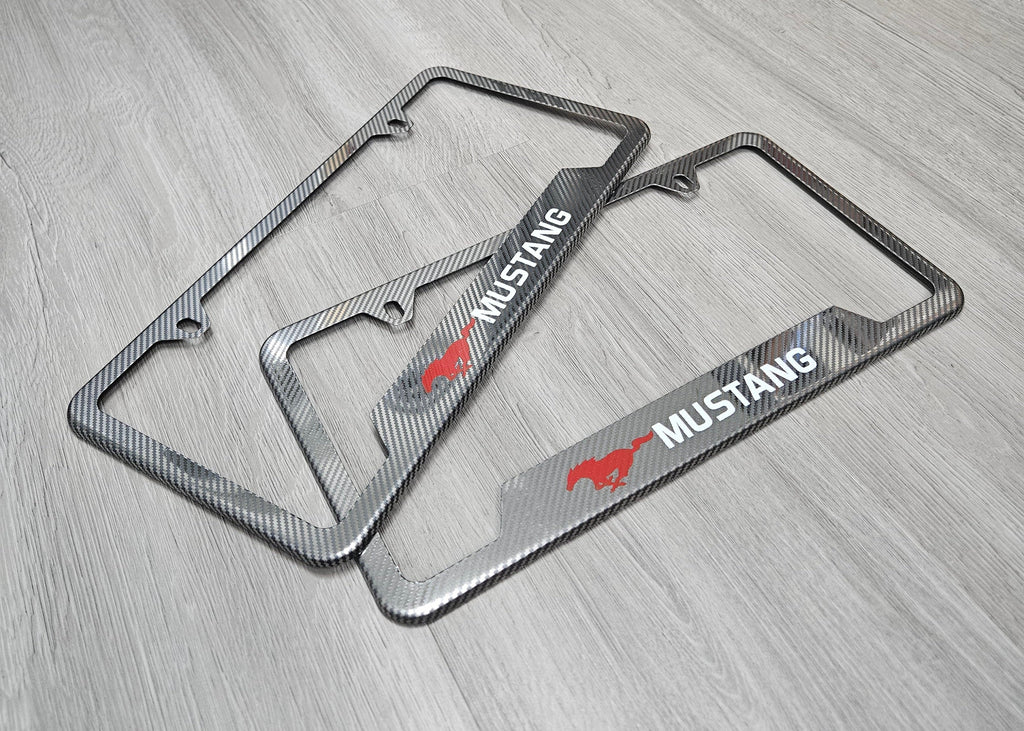 Brand New Universal 2PCS Mustang Metal Carbon Fiber Style License Plate Frame