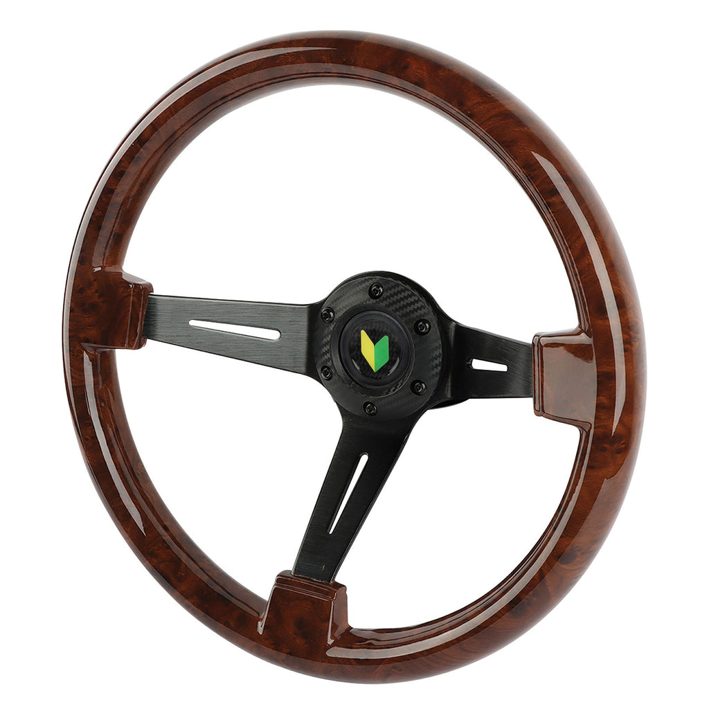 Brand New 350mm 14" Universal JDM Beginner Leaf Deep Dish Dark Wood ABS Racing Steering Wheel Black Spoke