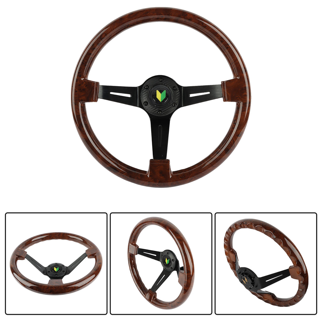 Brand New 350mm 14" Universal JDM Beginner Leaf Deep Dish Dark Wood ABS Racing Steering Wheel Black Spoke