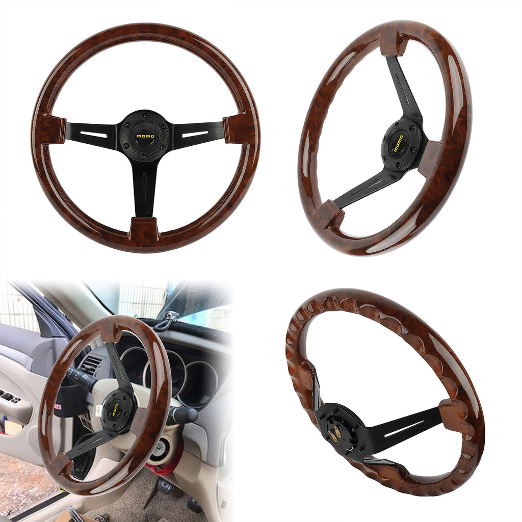 Brand New 350mm 14" Universal Momo Deep Dish Dark Wood ABS Racing Steering Wheel Black Spoke