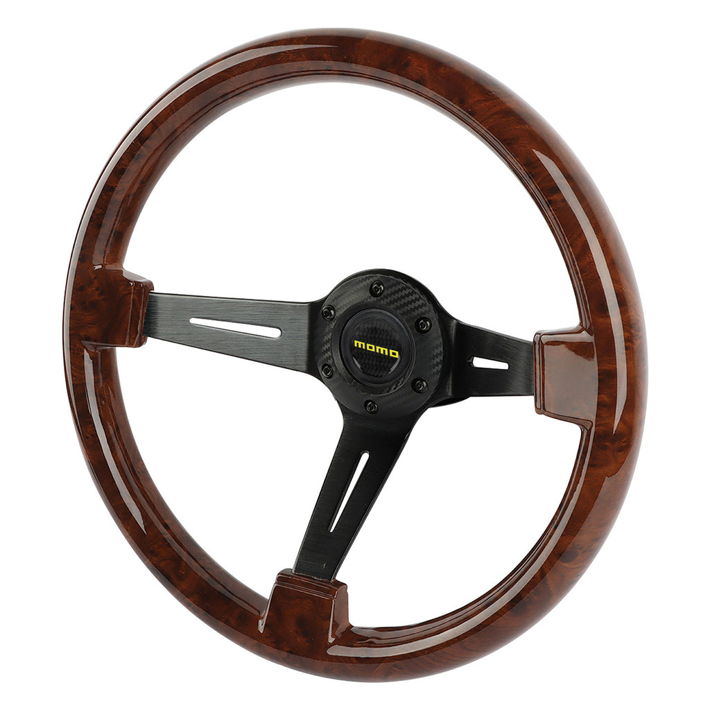 Brand New 350mm 14" Universal Momo Deep Dish Dark Wood ABS Racing Steering Wheel Black Spoke