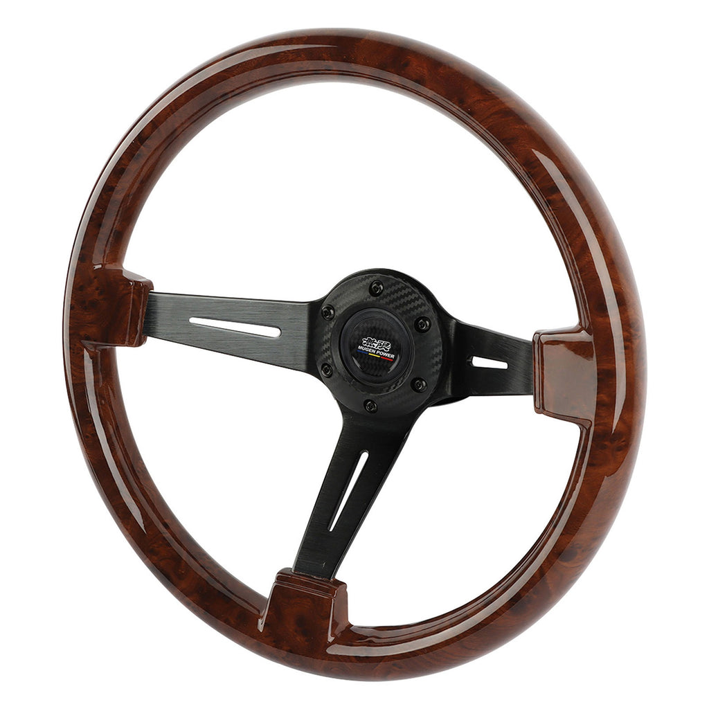 Brand New 350mm 14" Universal Mugen Deep Dish Dark Wood ABS Racing Steering Wheel Black Spoke