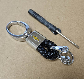 Brand New Chevrolet Small Black BV STYLE CALF Braided Leather Strap Keychain Keyring