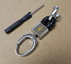 Brand New Chevrolet Small Black BV STYLE CALF Braided Leather Strap Keychain Keyring