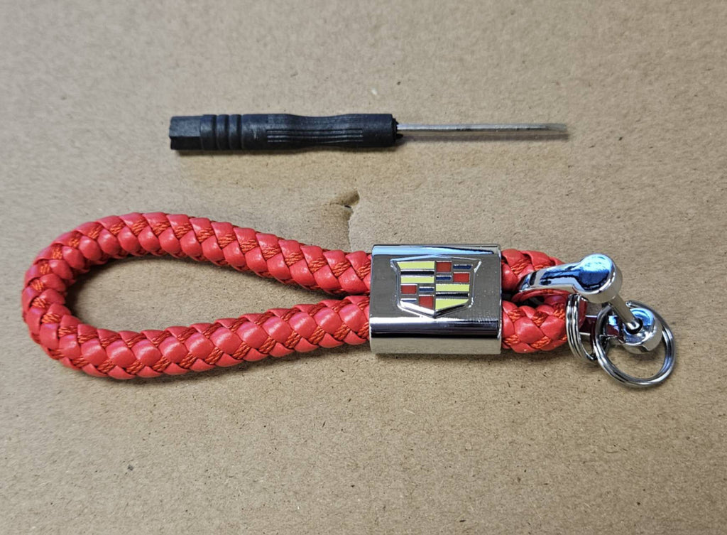 Brand New Cadillac Red BV STYLE CALF Braided Leather Strap Keychain Keyring