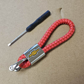 Brand New Chevrolet Red BV STYLE CALF Braided Leather Strap Keychain Keyring