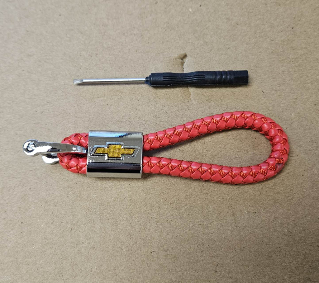 Brand New Chevrolet Red BV STYLE CALF Braided Leather Strap Keychain Keyring
