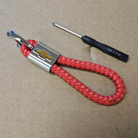 Brand New Chevrolet Red BV STYLE CALF Braided Leather Strap Keychain Keyring