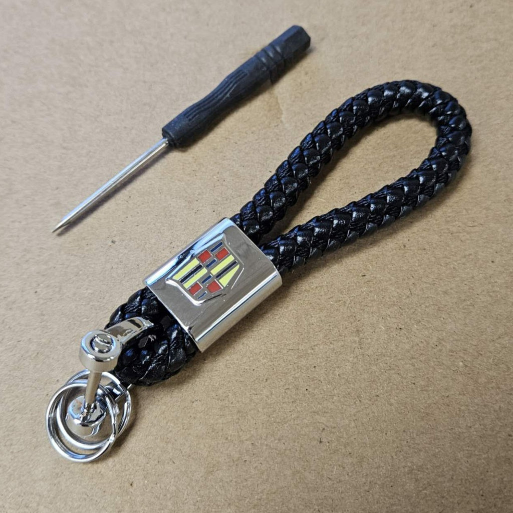 Brand New Cadillac Black BV STYLE CALF Braided Leather Strap Keychain Keyring