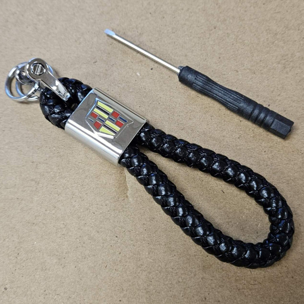 Brand New Cadillac Black BV STYLE CALF Braided Leather Strap Keychain Keyring