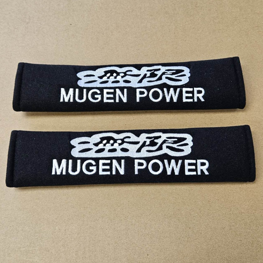 Brand New 2PCS JDM MUGEN POWER Black Racing Logo Embroidery Seat Belt Cover Shoulder Pads