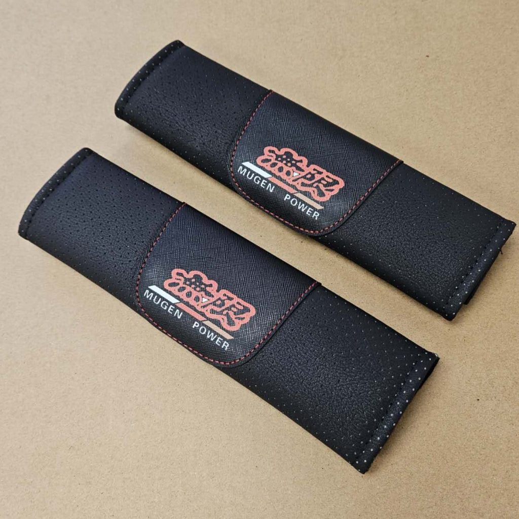 Brand New Universal 2PCS MUGEN POWER Black Leather Auto Car Seat Belt Covers Shoulder Pads Cushion