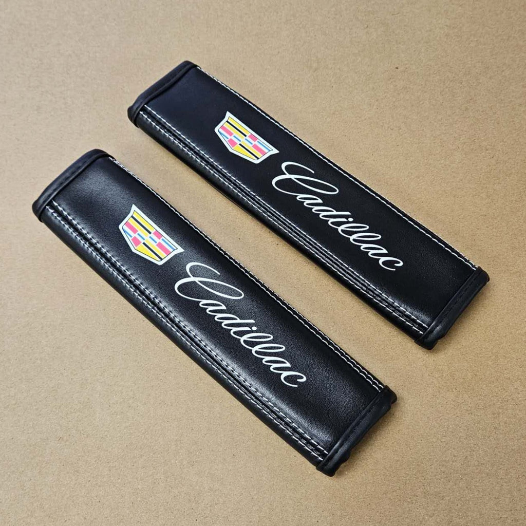 Brand New Universal 2PCS CADILLAC Black Leather Auto Car Seat Belt Covers Shoulder Pads Cushion