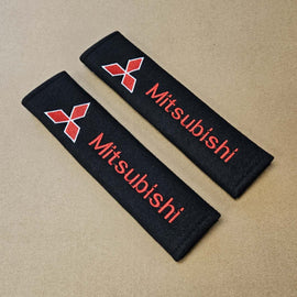 Brand New Universal 2PCS MITSUBISHI Fabric Seat Belt Cover Shoulder Pads Cushions Black