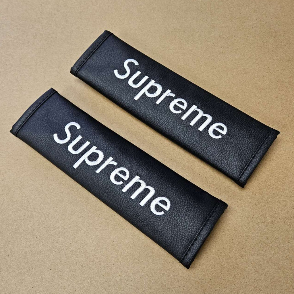 Brand New Universal 2PCS SUPREME Black Leather Auto Car Seat Belt Covers Shoulder Pads Cushion