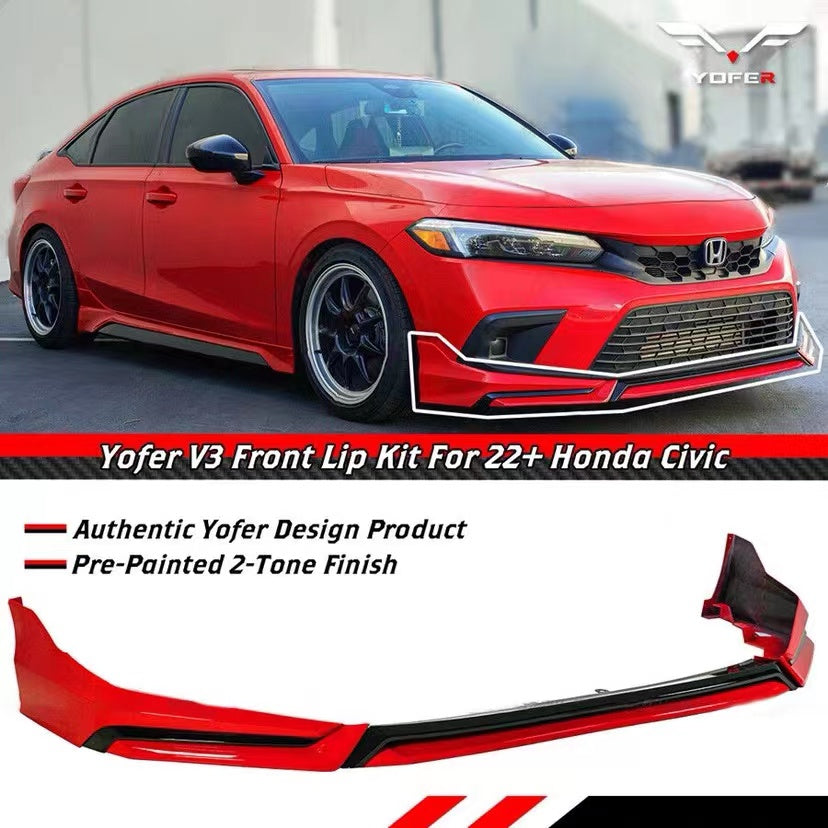 BRAND NEW 4PCS 2022-2023 Honda Civic 11th Gen Yofer Painted V3 Blk Rallye Red Bumper Lip Splitter Kit