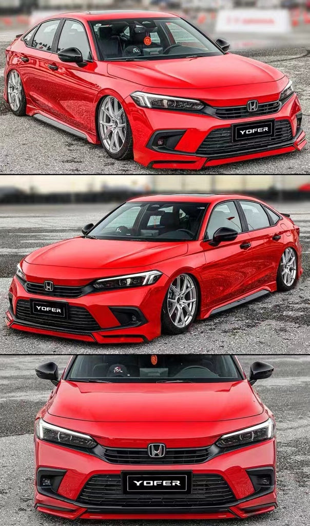 BRAND NEW 4PCS 2022-2023 Honda Civic 11th Gen Yofer Painted V3 Blk Rallye Red Bumper Lip Splitter Kit