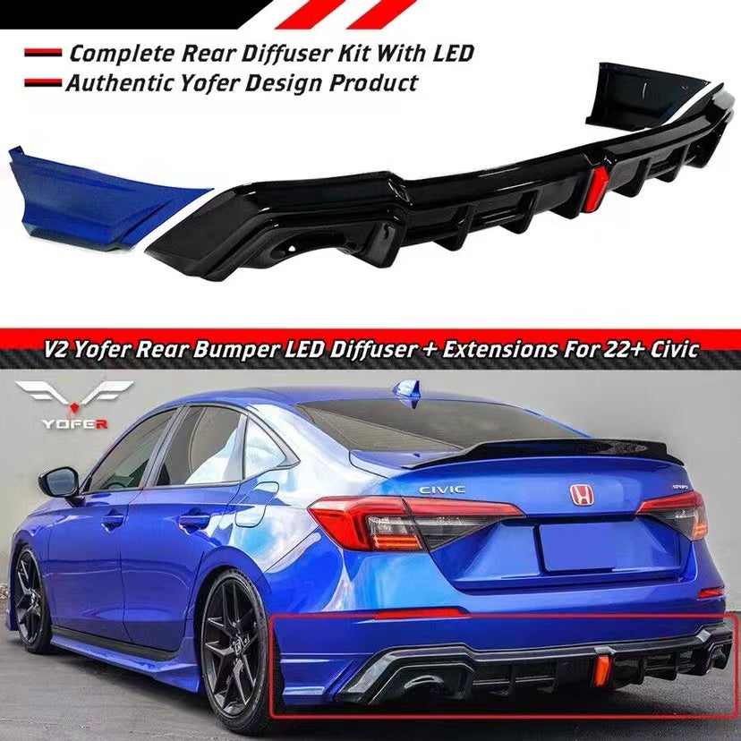 BRAND NEW 2022-2024 HONDA CIVIC SEDAN YOFER V2 AEGEAN BLUE LED REAR DIFFUSER+ CORNER SPATS