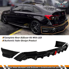 BRAND NEW 2022-2025 HONDA CIVIC SEDAN YOFER V2 GLOSSY BLACK LED REAR DIFFUSER+ CORNER SPATS