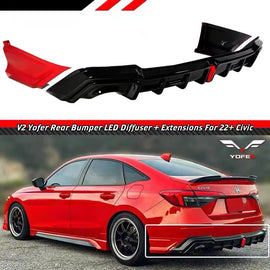 BRAND NEW 2022-2025 HONDA CIVIC SEDAN YOFER V2 RALLYE RED LED REAR DIFFUSER+ CORNER SPATS