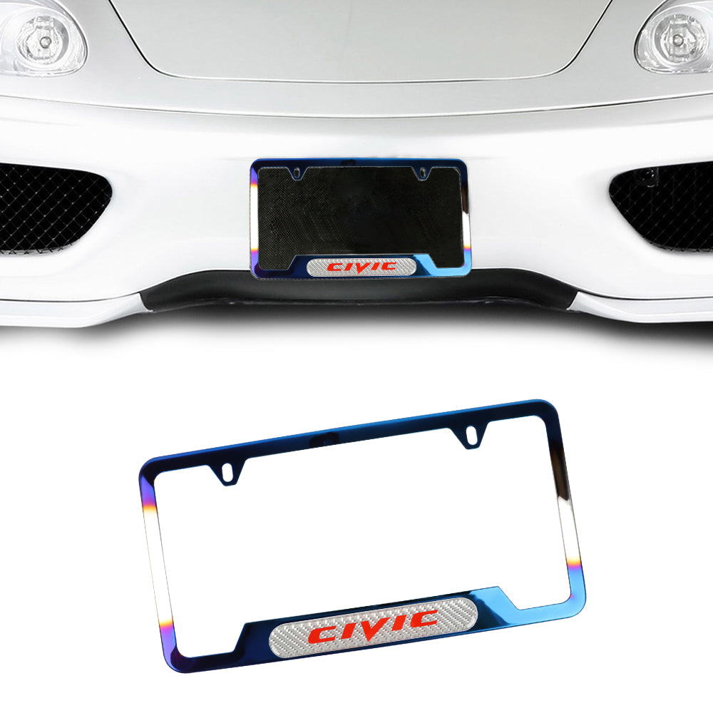 Brand New Universal 2PCS CIVIC Titanium Burnt Blue Metal License Plate Frame