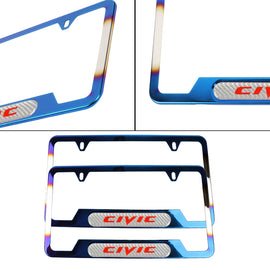 Brand New Universal 2PCS CIVIC Titanium Burnt Blue Metal License Plate Frame