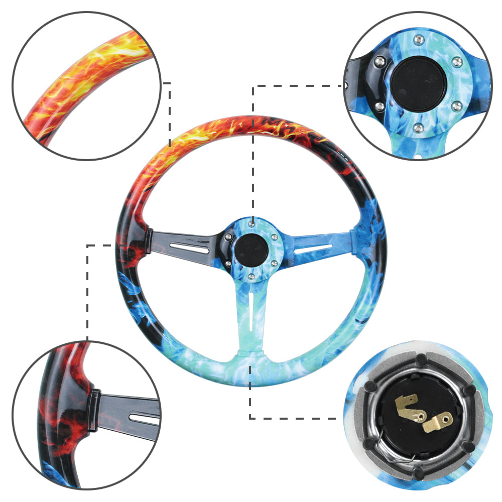 BRAND NEW UNIVERSAL 350MM 14'' Graphic Fire & Water Style Acrylic Deep Dish 6 Holes Steering Wheel w/Horn Button Cover